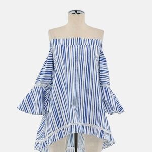 N NICHOLAS Top Womens Size 4 Blue White Off Shoulder Blouse Washed Stripe Cotton
